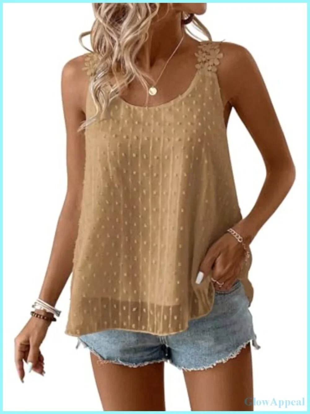 Sleeveless Crewneck Tank Top with Lace Trim and Swiss Dot Design